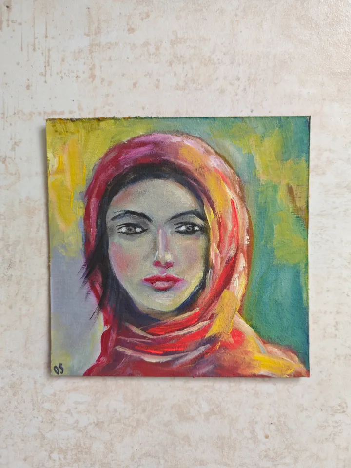 Girl Portrait Original Painting Girl In Red Scarf Original Art Girl In Red Scarf Modern Artwork Girl In Red Scarf Wall Decor Woman In Scarf Oil Painting 6x6 inches by OlgaSokolovaArt