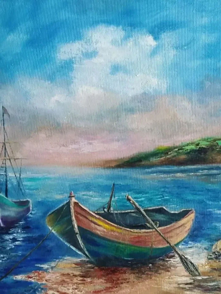 Painting on canvas “Boat”, oil, size 50x50cm