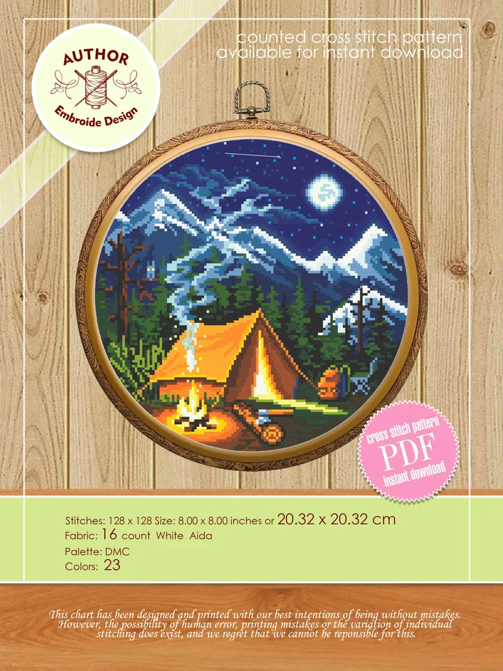 Nature landscape cross stitch pattern download PDF Camping tent embroidery PDF Travel Adventure awaits xstitch chart Nature lover gift #L1