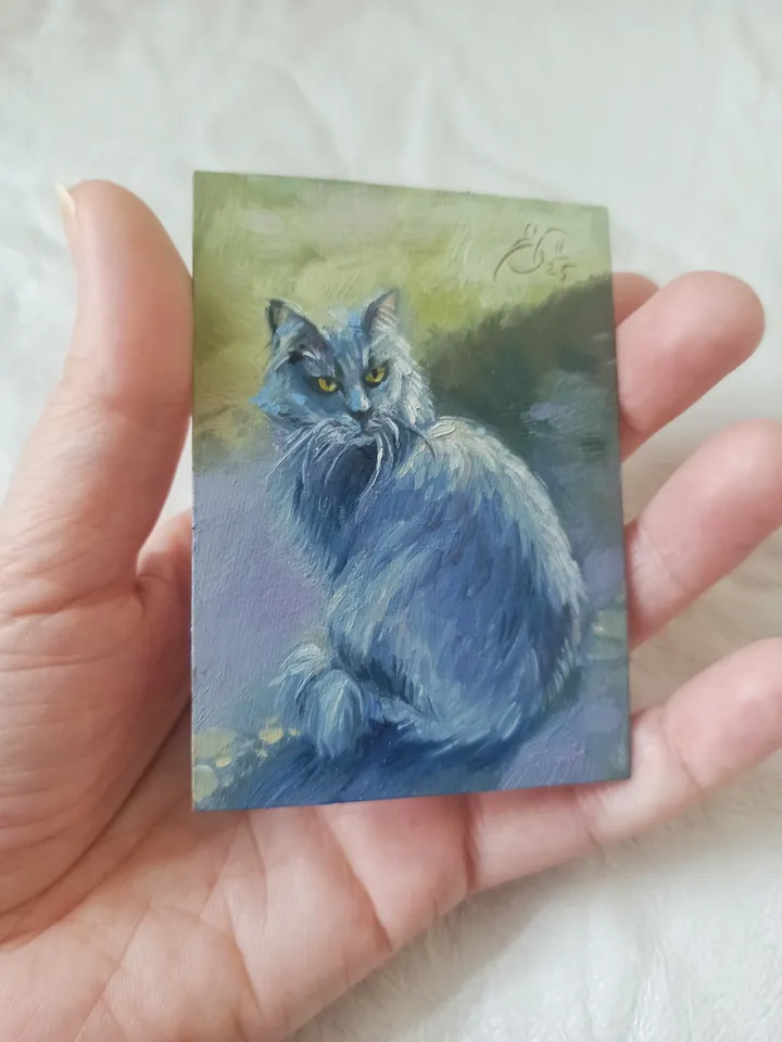 Original ACEO oil painting, Street smoky cat, Miniature collectible painting 2.5x3.5 inches