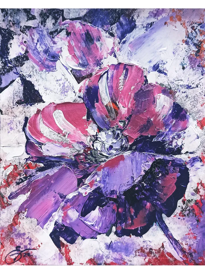 Abstract painting with garden flowers, "Peony flower", original acrylic painting on cardboard 25x20cm in a white wooden frame
