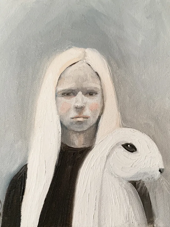 Girl with White Hare Original Oil Painting 8x8 inch