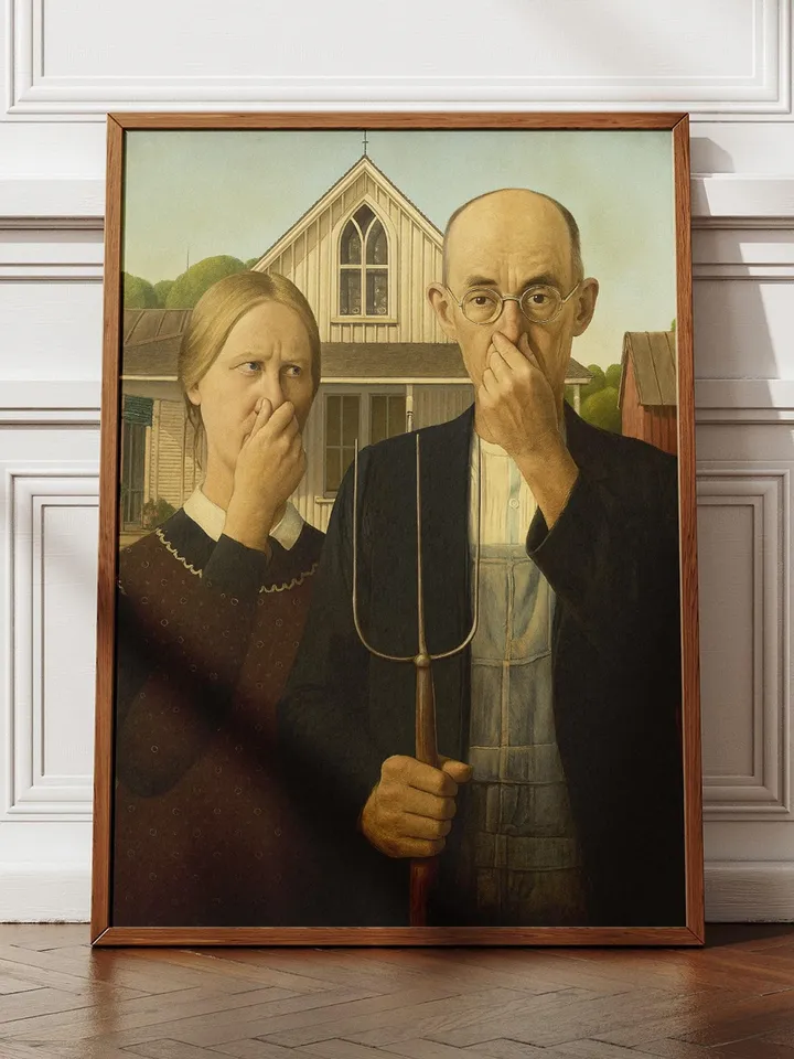 Funny American Gothic Bathroom Art Print Poster Altered Vintage Surreal Eclectic Prank Gift Maximalist Wall Decor Humor Digital Download