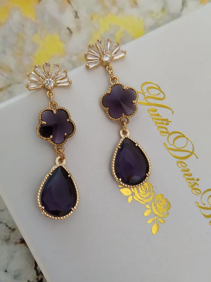 Art Deco Gold Purple Fan Wedding Earrings, Floral Boho Bridal Earrings, Flower Gatsby Wedding Earrings, Vintage Statement Wedding Jewelry