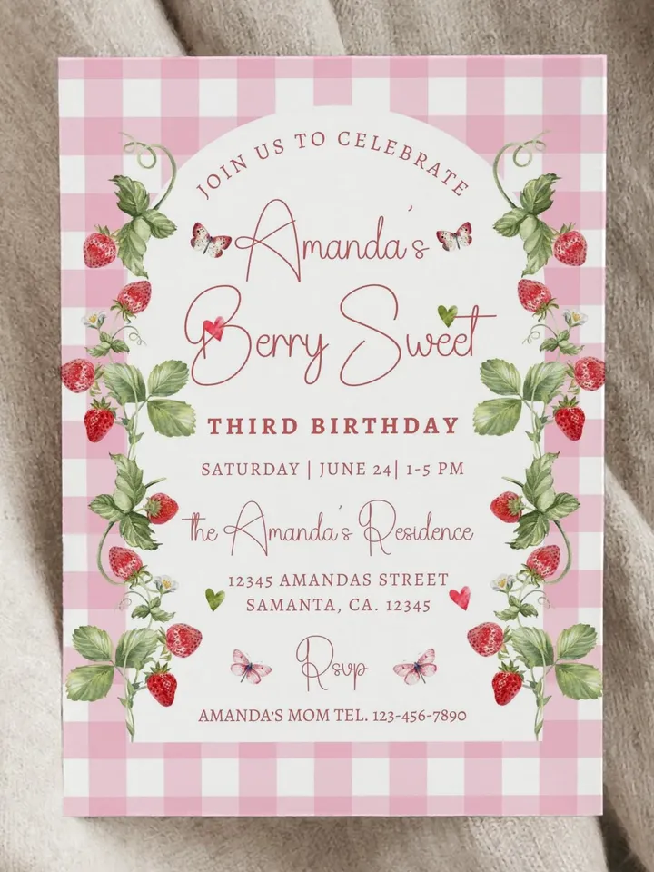 Editable Strawberry 3rd Birthday Invitation Berry Sweet Strawberry Picking 4th Birthday Invite Invites Canva Instant Download i115