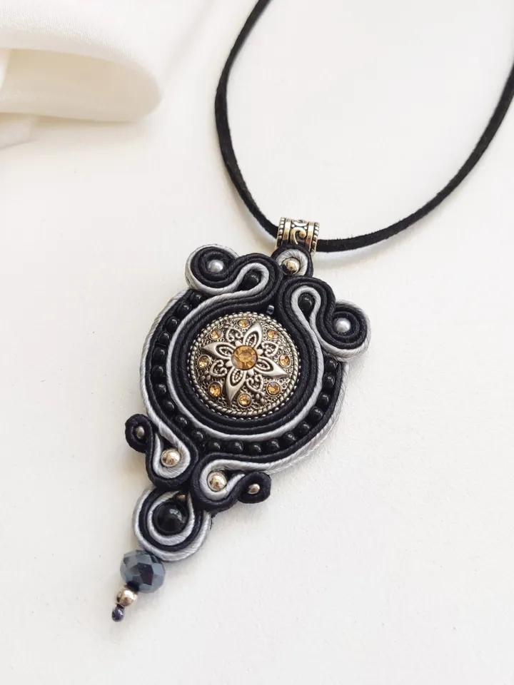 Black boho necklace, Soutache pendant, Embroidered necklace, Ethnic necklace, Mandala