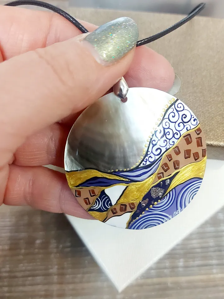 Beautiful Pendant Klimt Mother of Pearl Hand-painted Russian decoration Painting. Jewelry art Art gift Fedoskino Collectible
