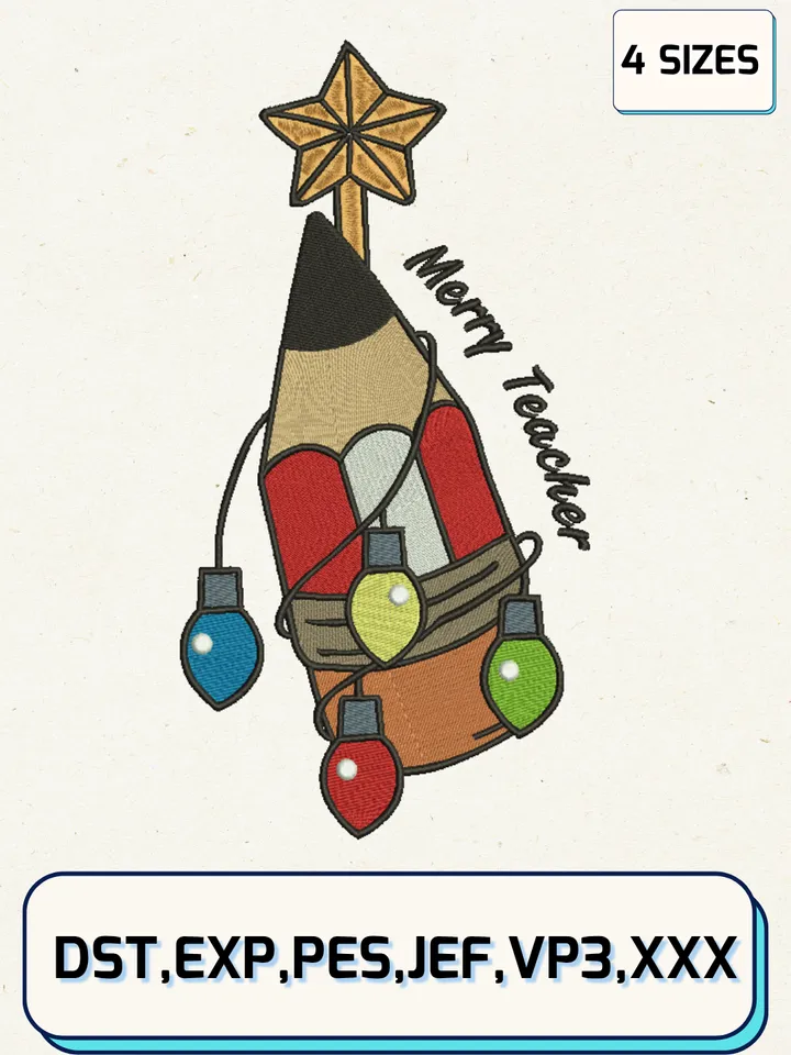 Merry Christmas Teacher Embroidery Designs,Christmas Embroidery Designs,Machine Embroidery Files,4 Sizes