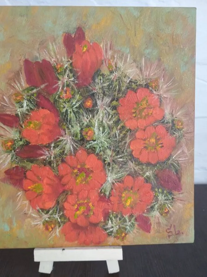 Oil painting of blooming cactus covered with thorns, original painting with red flowers, canvas 8x8 inches