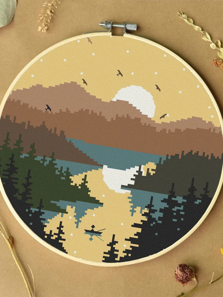 Nature cross stitch pattern download PDF Mountain landscape cross stitch Sunset xstitch chart Wildlife pattern digital PDF Lake xstitch #L30