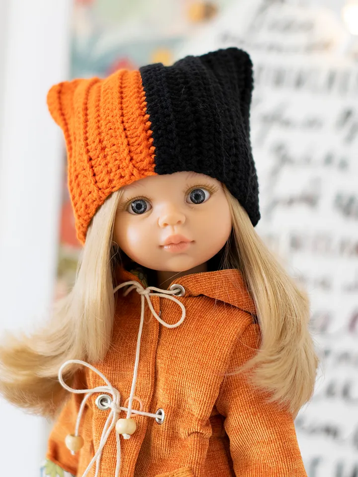 Orange and black hat for Paola Reina doll, Meadowdolls Dumpling, Little Darling, Siblies, doll accessories for Halloween