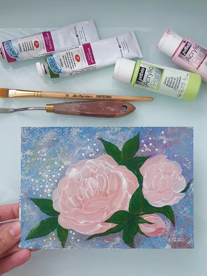 Pink Roses Painting Floral Original Art Flower Wall Art Small Acrylic Painting