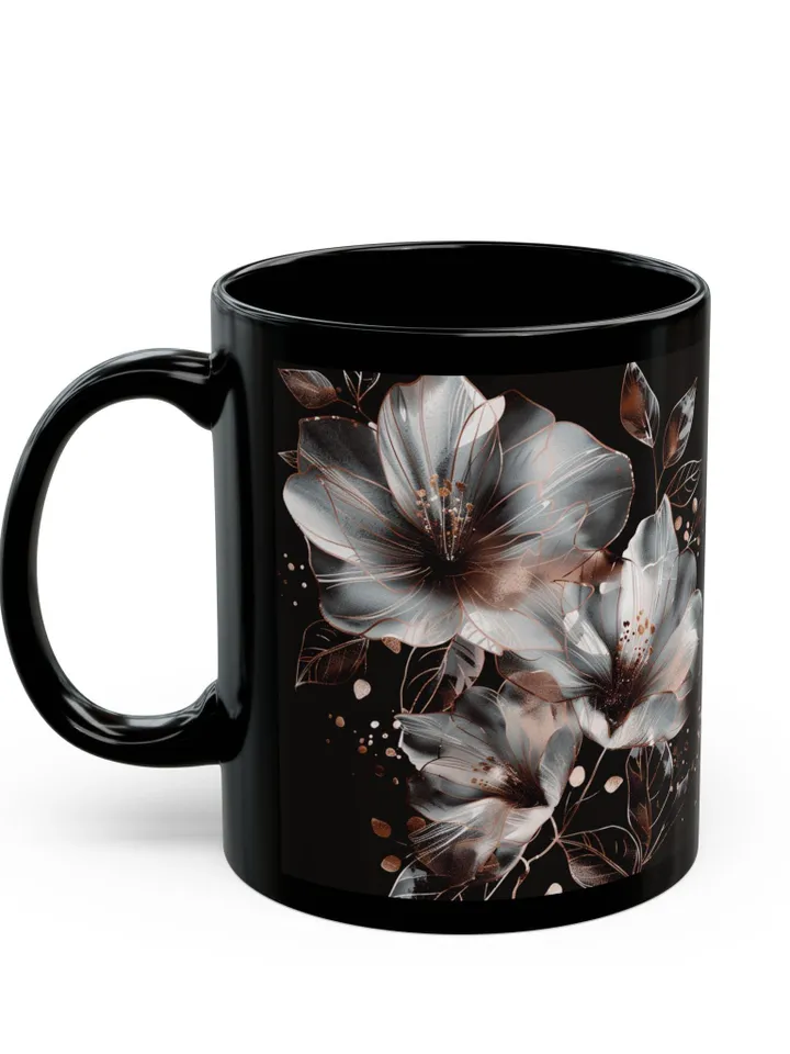 Elegant Floral Mug, Botanical Coffee Cup, Black Ceramic Drinkware, Gift for Gardeners, Mother's Day Present