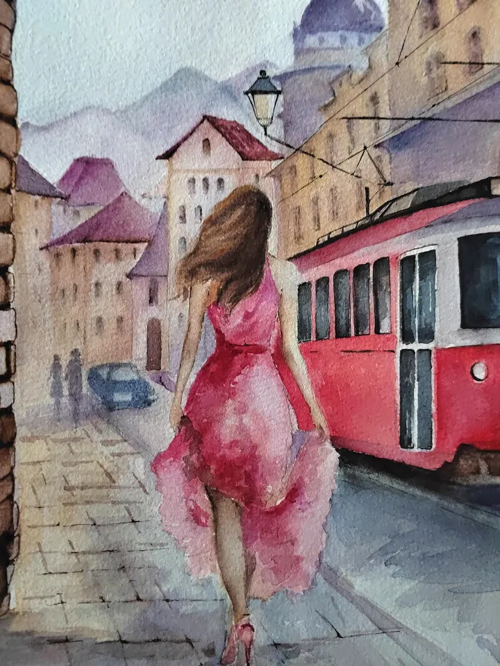 Red Tram Painting Original Watercolor Art Urban Landscape Arwork Old Street Picture Girl Dress 11.81x15.74 in by SoftWaves