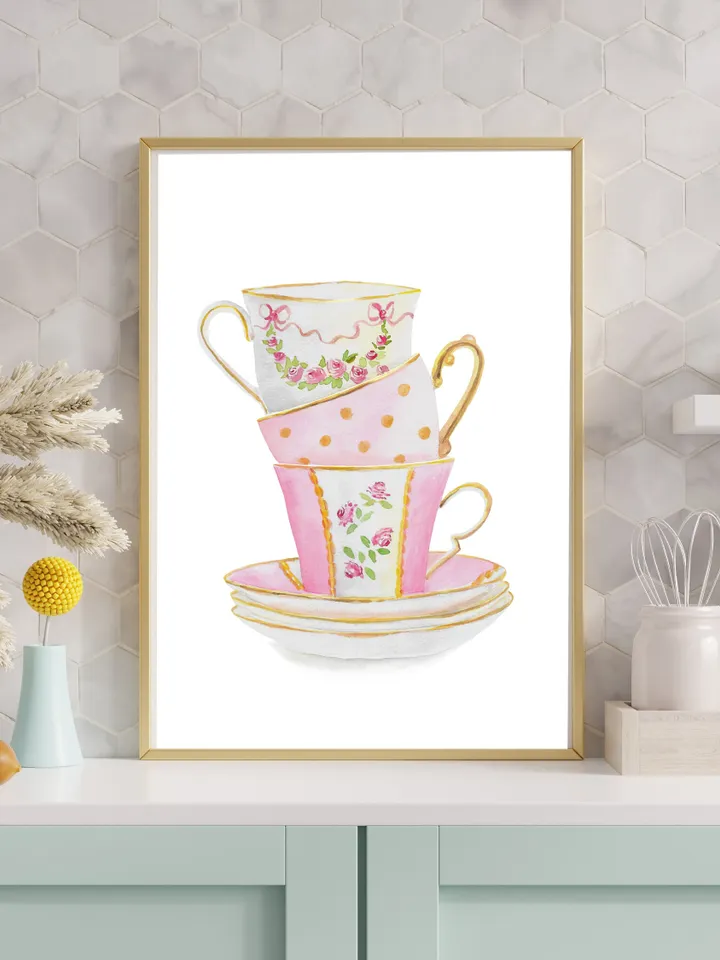Tea cups, Kitchen Art, Wall Art, Kitchen Wall Decor, Vintage Tea Cup, Gift For Tea Lovers, Tea Party Decor ,Watercolor Art Print Tea Poster