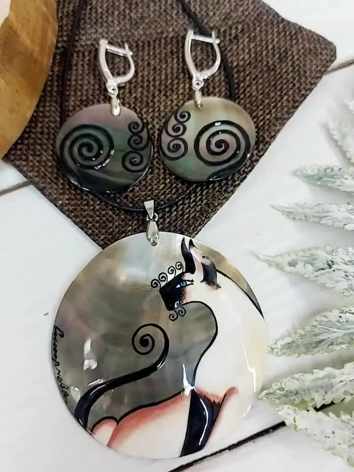 Whimsical Siamese Cat Jewelry Set: Hand-Painted Pendant and Spiral Earrings - Embodying the Grace and Intrigue of Siamese Cats