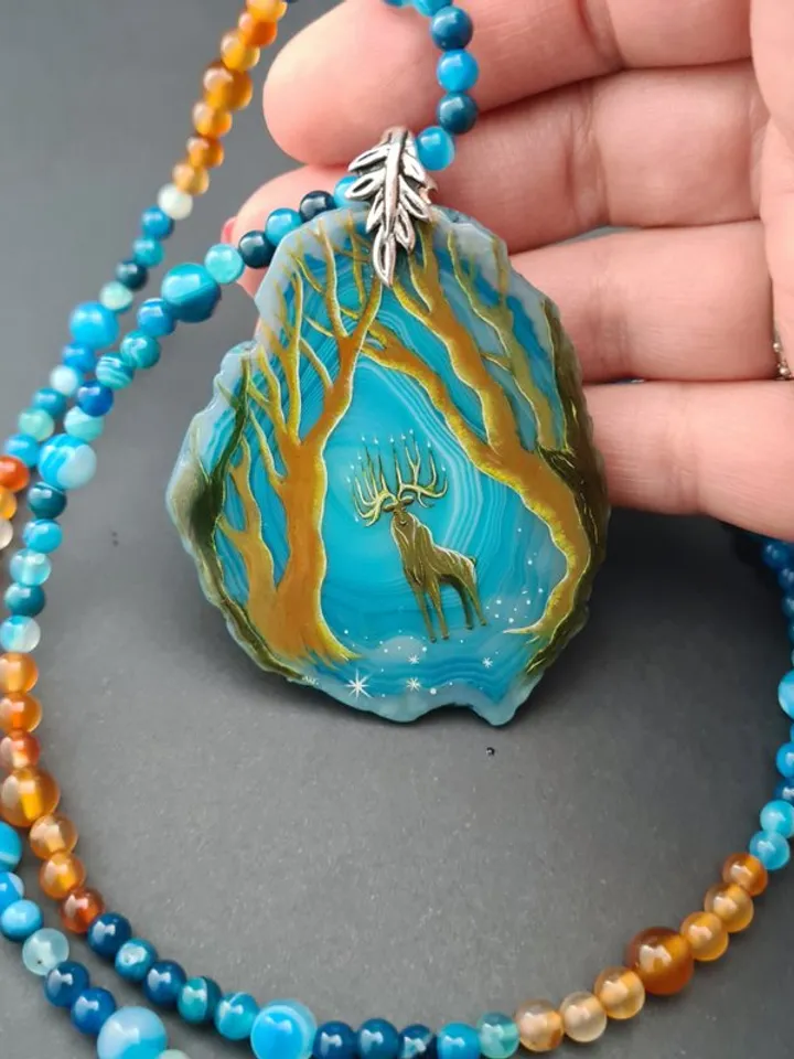 Deer necklace Agate necklace Real oil painting of deer Lacquer miniature