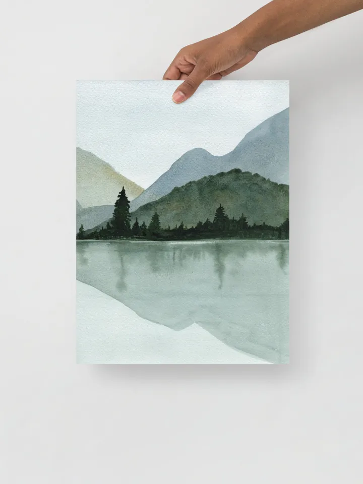 Mountain Lake Print Set Of 2, Large Lake Painting, Minimalist Wall Art, Mountain Forest Art, Living Room Decor,