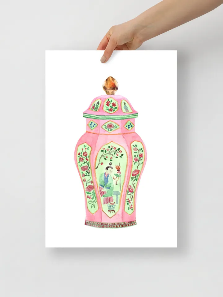 Pink Chinoiserie Ginger Jar Vase Set Of 2 Vintage Living room Wall Art Pagoda Porcelain Vases Apartment Art Print Living Room Wall Art Print