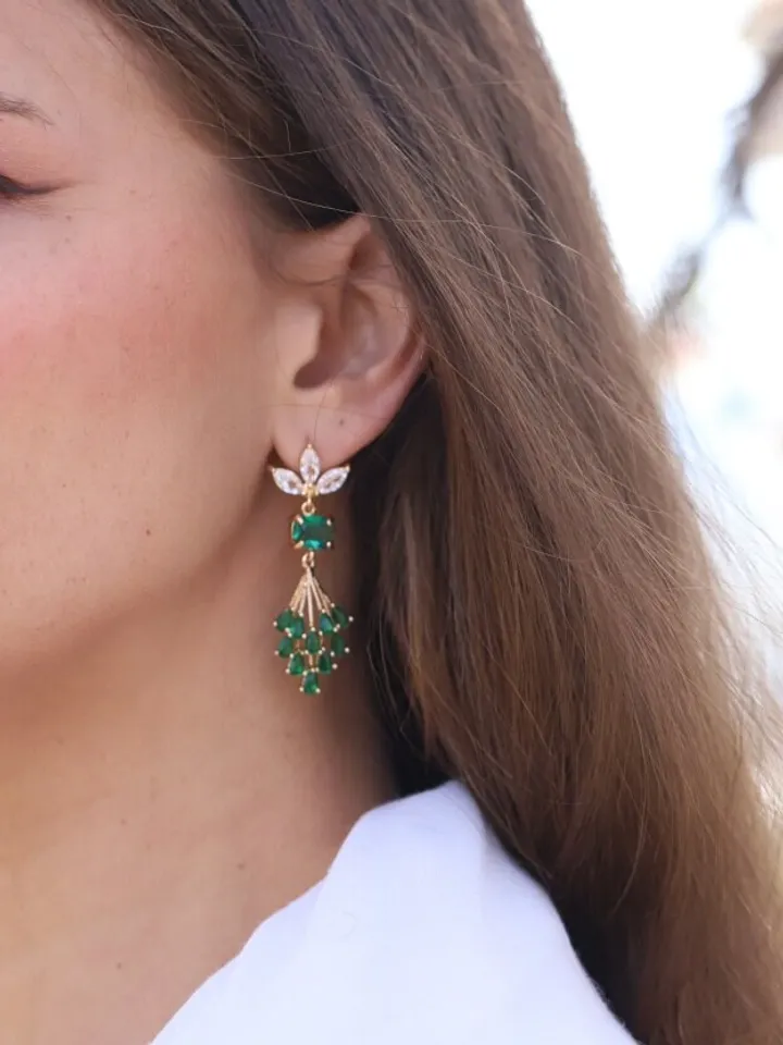 Art Deco Earrings, Boho Bridal Earrings, Statement Wedding Earrings, Emerald Gold Chandelier Earrings, Flower Earrings, Long Wedding Earring