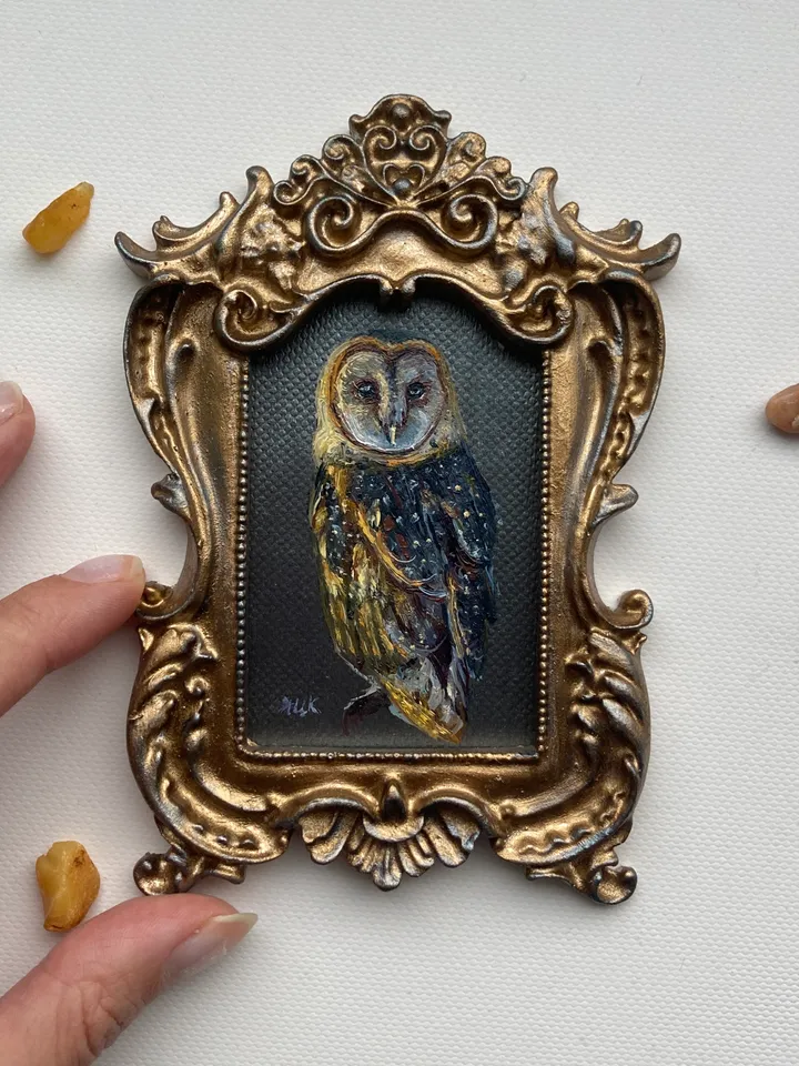 Owl Oil Painting Original In Vintage Style Frame Small Framed Bird Art Barn Owl