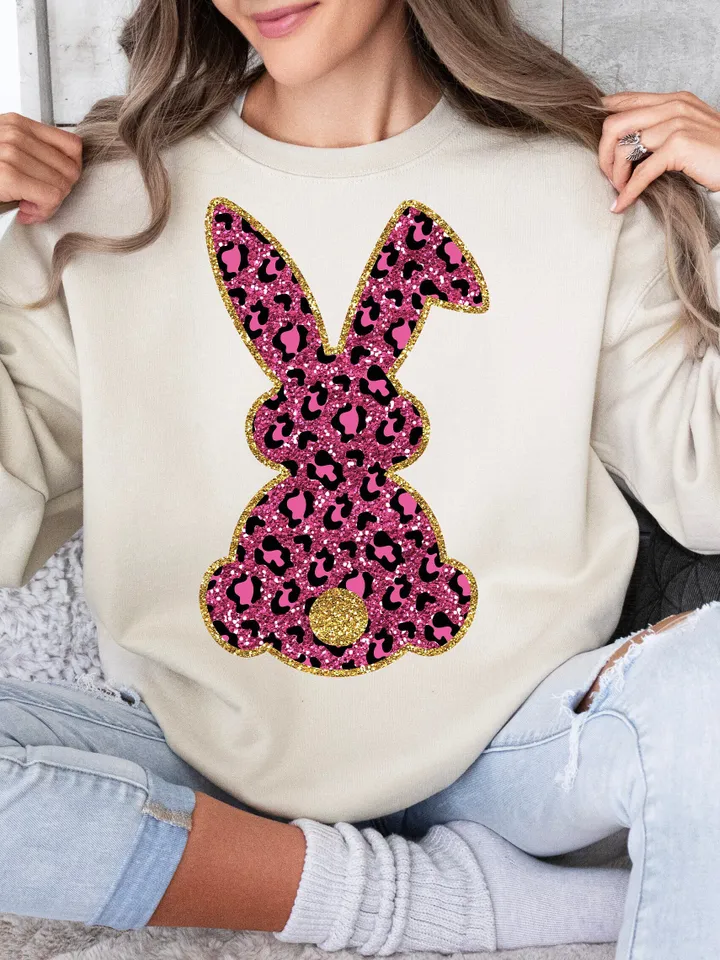 Trendy Easter Bunny, Sparkly Faux Sequins Easter Png, Pink Leopad Bunny, Cute Easter Day Shirt Design, Trendy Easter Day Png