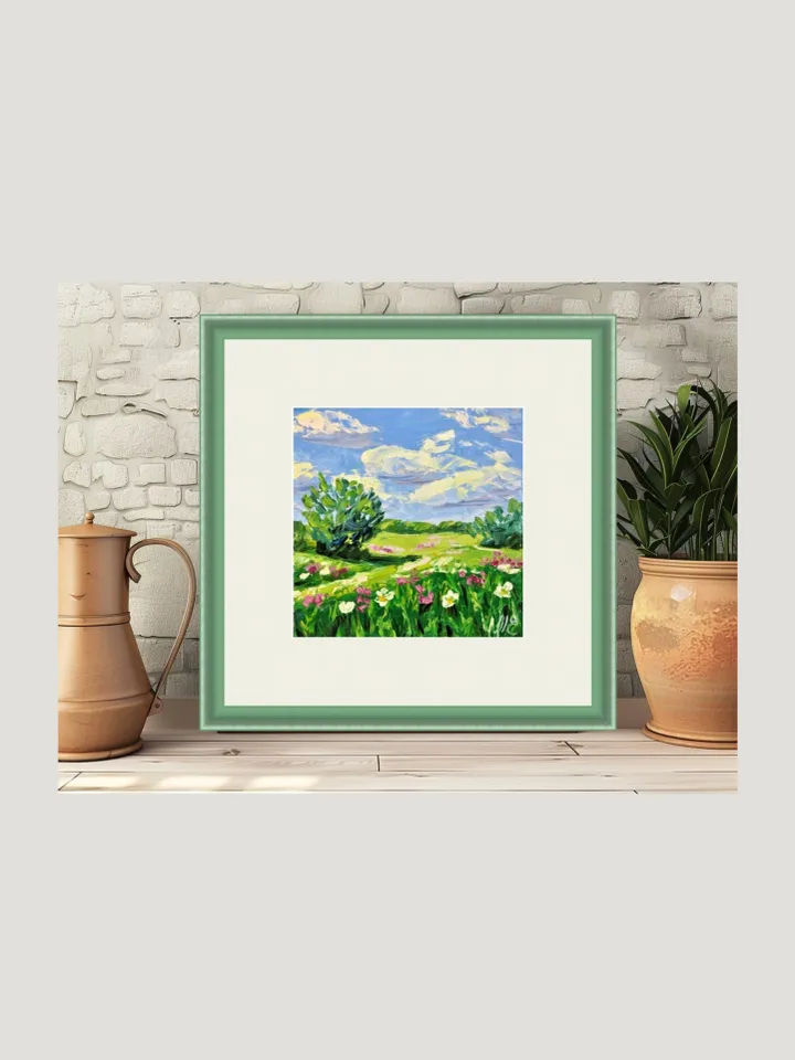 Original Oil Painting Green Field with Flowers and Blue Sky Palette Knife Art Blooming Meadow with Clouds on Blue Sky Mini Artwork