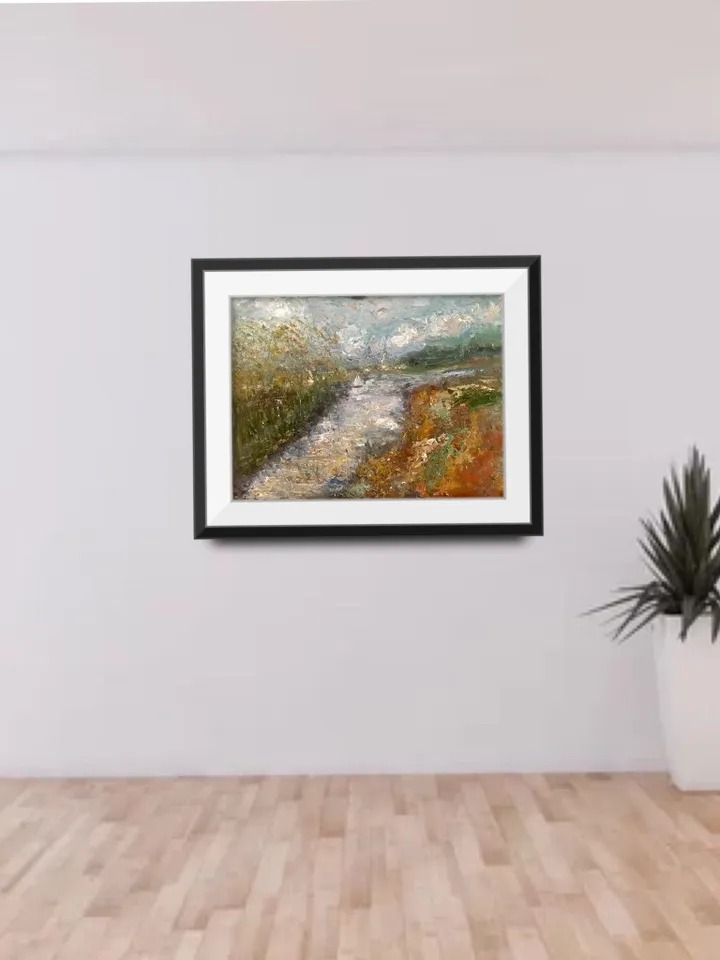 Semi-Abstract landscape painting on canvas,original oil painting,river,trees,mountains,abstract wall art,home decoration