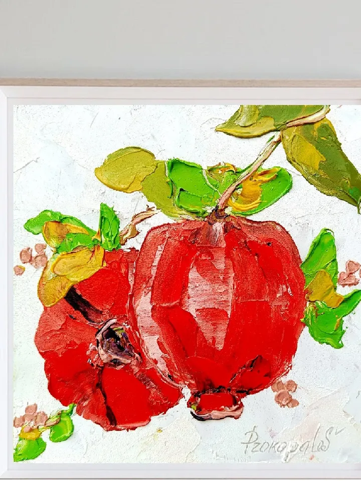 Pomegranate Painting Fruit Original Art Impasto Painting Original Oil Painting Kitchen Wall Art 6 by 6 inches by ArtProkopaloSv
