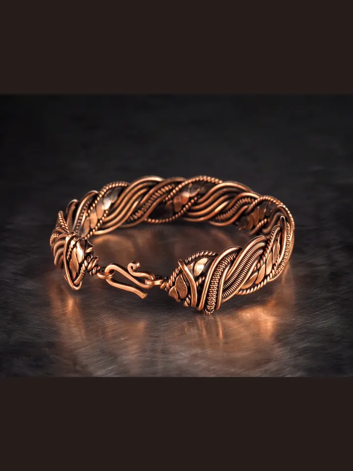 Wire wrapped bracelet, Unique 7th 22nd Wedding Anniversary gift idea, Art Nouveau antique style, One of kind braided statement bangle, Pain relief, EMF protection, Hippiу accessory, Handmade oxidized pure copper woven wire elven jewelry