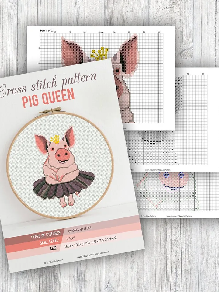 Pig Queen Cross stitch pattern Embroidery Pattern Instant Download Embroidery Designs Pink Animal Dance Ballerina Crown 2019 New Year Symbol