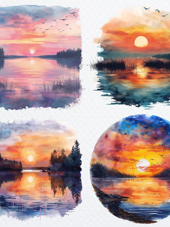 20 Sunset over Lake PNG Clipart Bundle, Lake Sunset clipart, Printable Watercolor Sublimation clipart, Digital download, Paper craft
