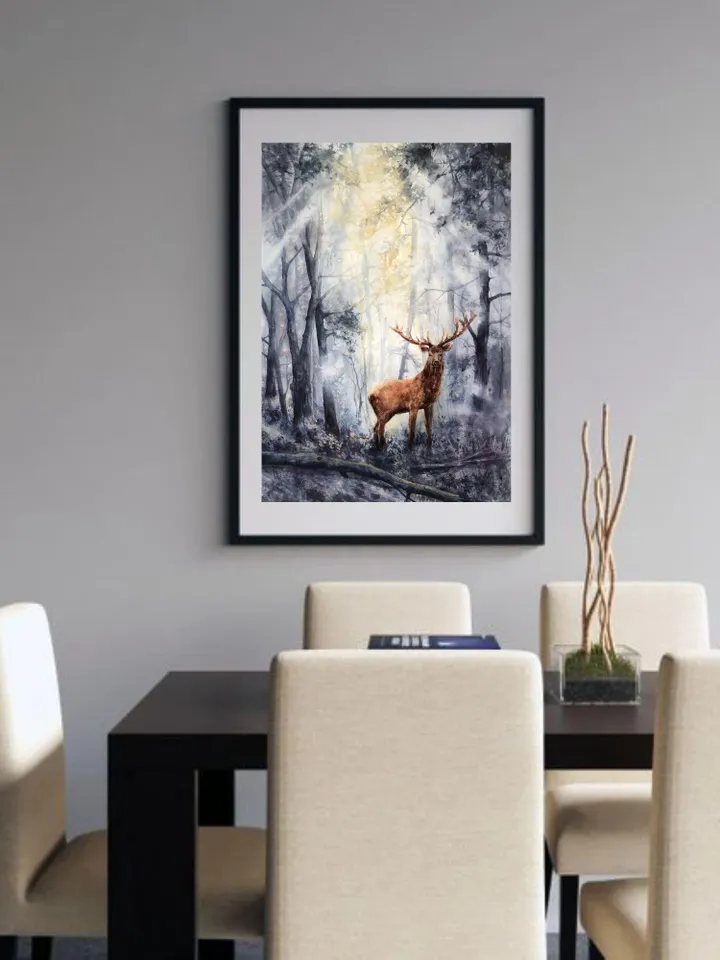 Forest Original Painting Sunset Watercolor Landscape Deer Wall Art