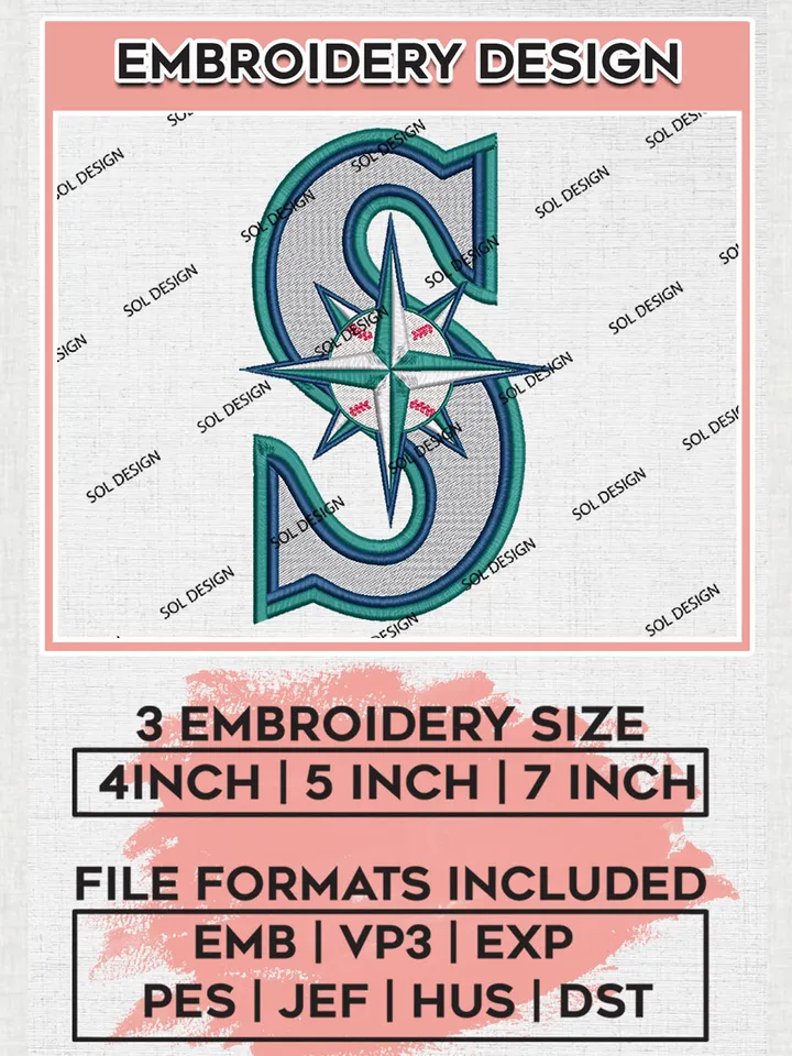 Seattle Mariners Logo Embroidery Design Files, MLB Seattle Mariners Team Embroidery, MLB Teams, 3 sizes, MLB Machine embroidery designs, Digital Download