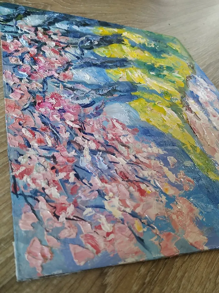 Cherry Blossoms Painting Spring Landscape Original Art Park Alley
