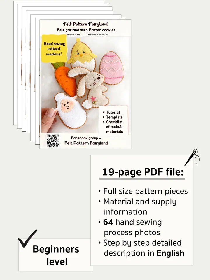 Felt garland with Easter cookies hand sewing PDF tutorial with patterns. DIY Easter ornament. Felt Easter wall decoration