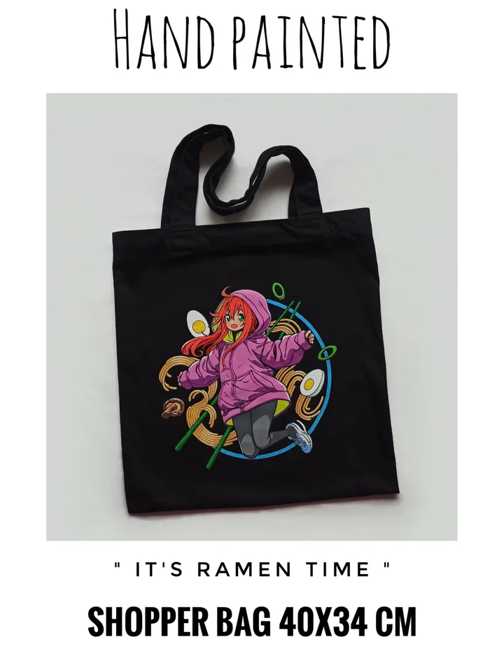 Black cotton shopper bag with hand painted anime style "lt's ramen time" 34x40 cm.