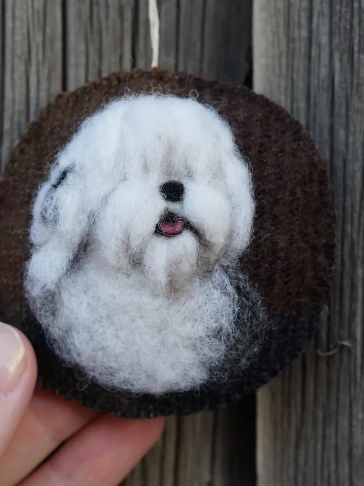 Old English sheepdog Christmas ornament, pet portrait, needle felted dog, made to order