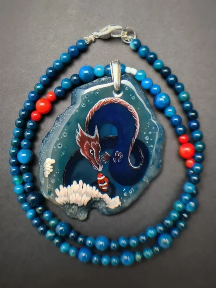 Dragon necklace Painting Agate Stone Dragon charm Christmas Gift Wrapping