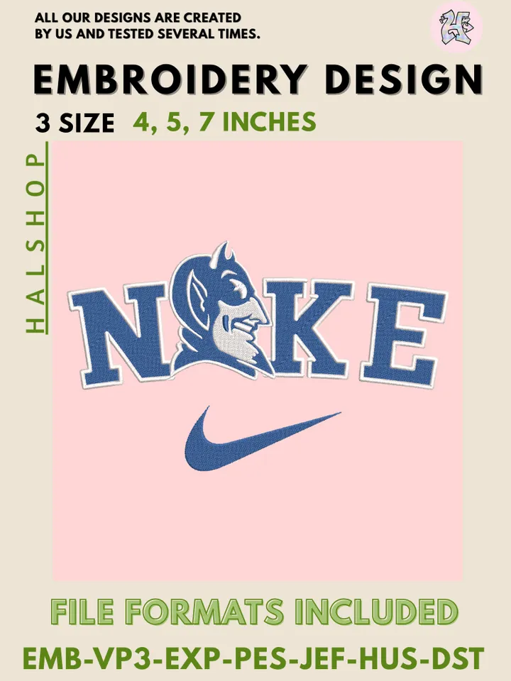 NCAA Duke Blue Devils Nike Logo Embroidery Design | Machine Embroidery File | 3 Sizes, 6 Formats | NCAA College Team Design