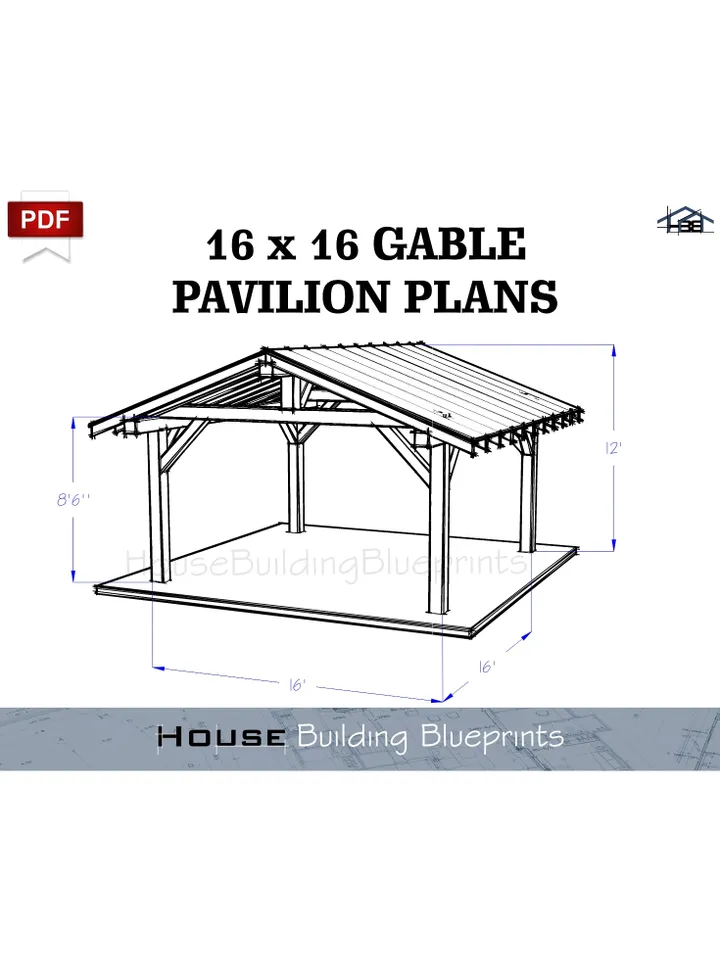 Outdoor 16' x 16' gable gazebo plans for DIY. Carport plans. Diy backyard wooden garage plans for patio in pdf.