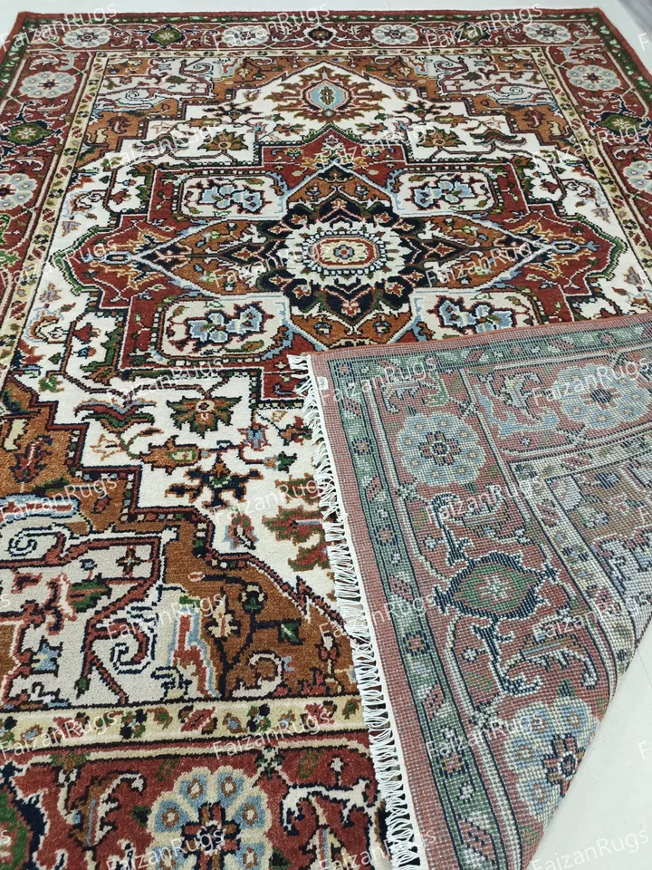 9x12 Antique Serapi Rug Hand Knotted Heriz Rug Handmade Soft Wool Rug Red and Blue Area Rug Living Bedroom Hall Custom Rug 8x10 10x14 12x15.