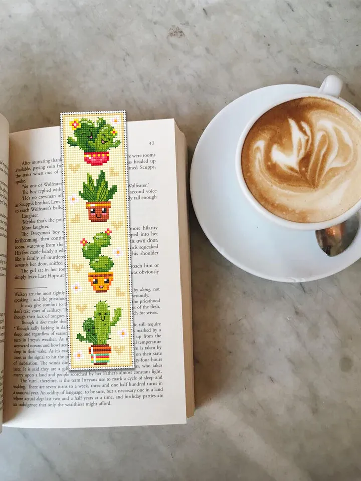 Cactus bookmark cross stitch pattern PDF download Kawaii cactus cross stitch chart, Floral bookmark pattern digital PDF, Potted plants #B340