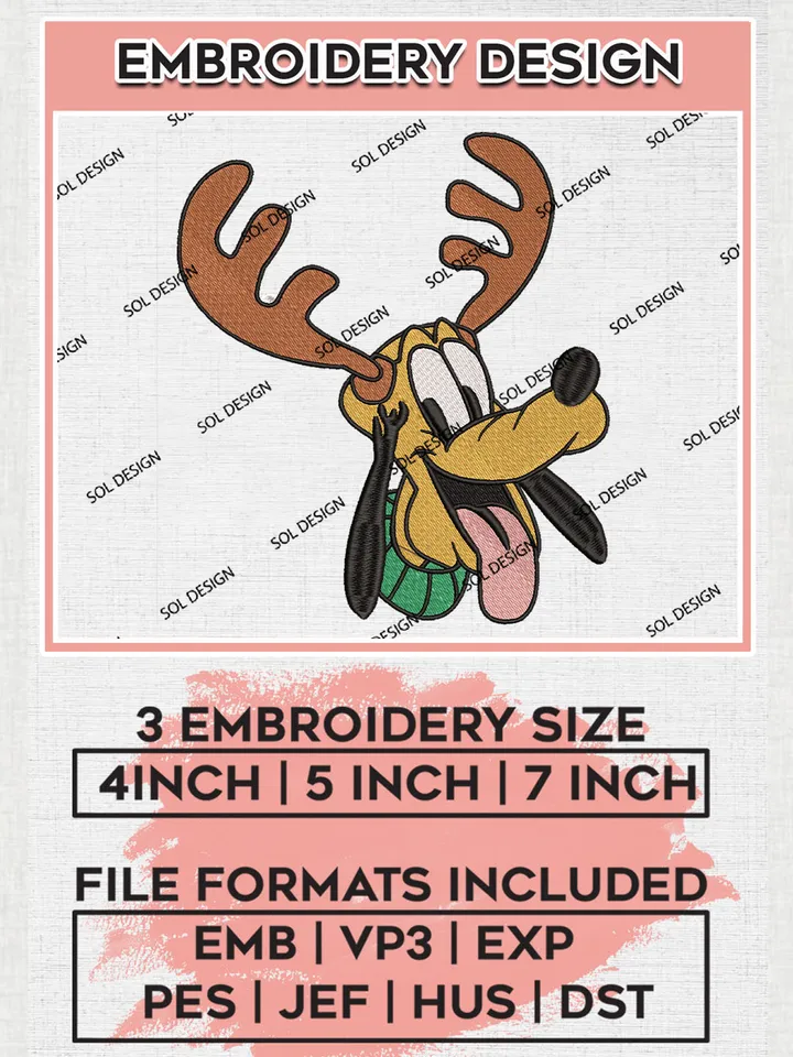 Cute Disney Reindeer Pluto Christmas Embroidery Design Files, Disney Christmas Machine Embroidery, Disneyland Family Holiday, 3 sizes, Cute Christmas Machine embroidery designs, Digital Download
