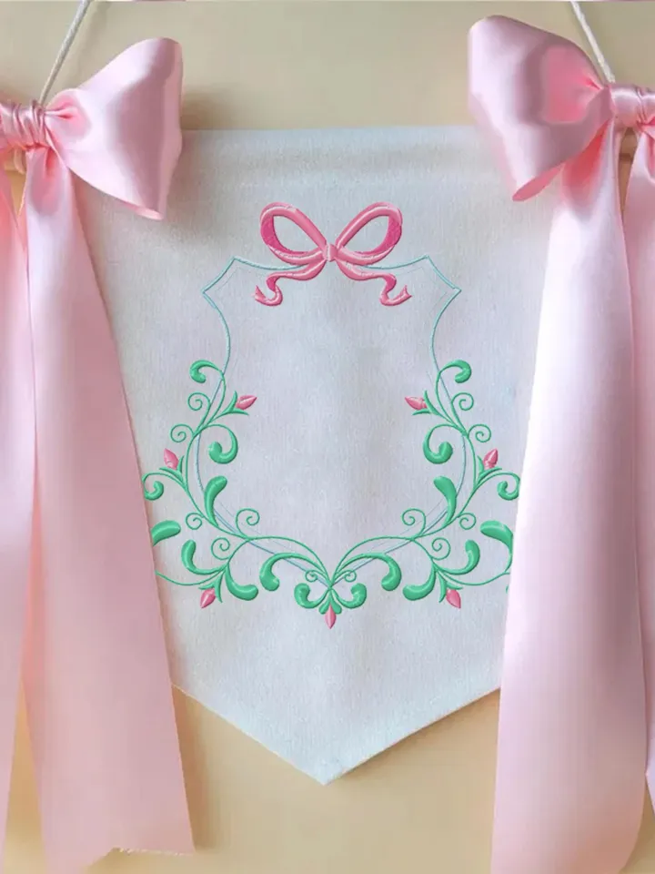 Frame floral crest embroidery design Machine embroidery pattern 4 size, Bow and scroll floral for baby monogram frame embroidery files #R42