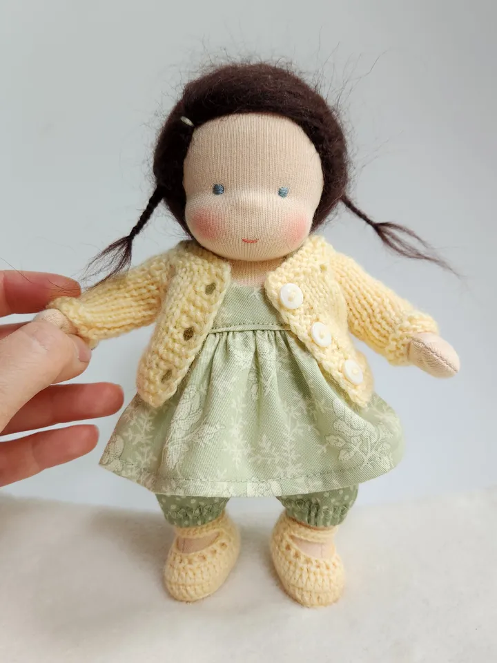 DIY Cardigan, Booties & Hat for a 7 inch (18 cm) Waldorf doll. Bundle of 3 PDF knitting and crochet patterns and tutorials.