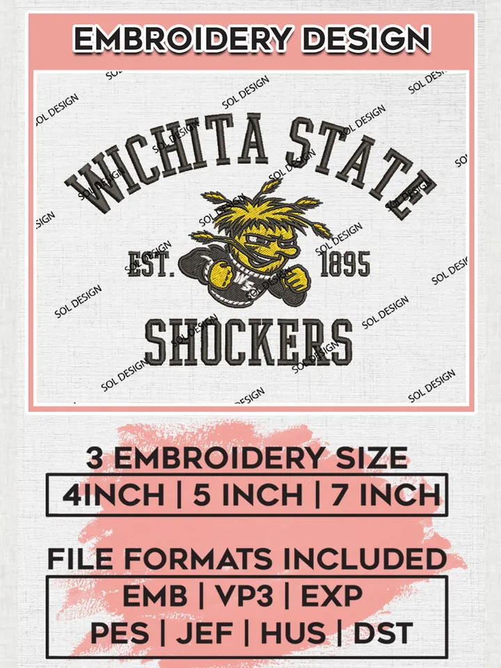 Wichita State Shockers Est 1895 Logo Embroidery Designs, NCAA Wichita State Shockers Team Embroidery, NCAA Team Logo, 3 sizes, Machine embroidery Files, Digital Download
