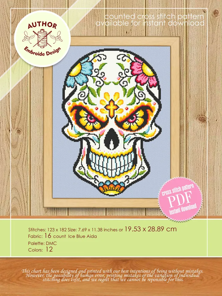 Halloween sugar skull cross stitch pattern download PDF Day of the Dead pattern PDF Mexican skull beginner stitch Flower skull painting #H27