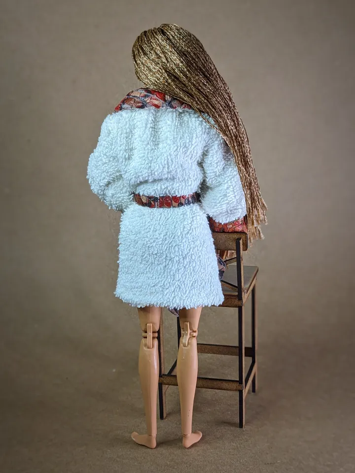 Handmade white & brown terry bathrobe for 1/6 scale fashion female dolls