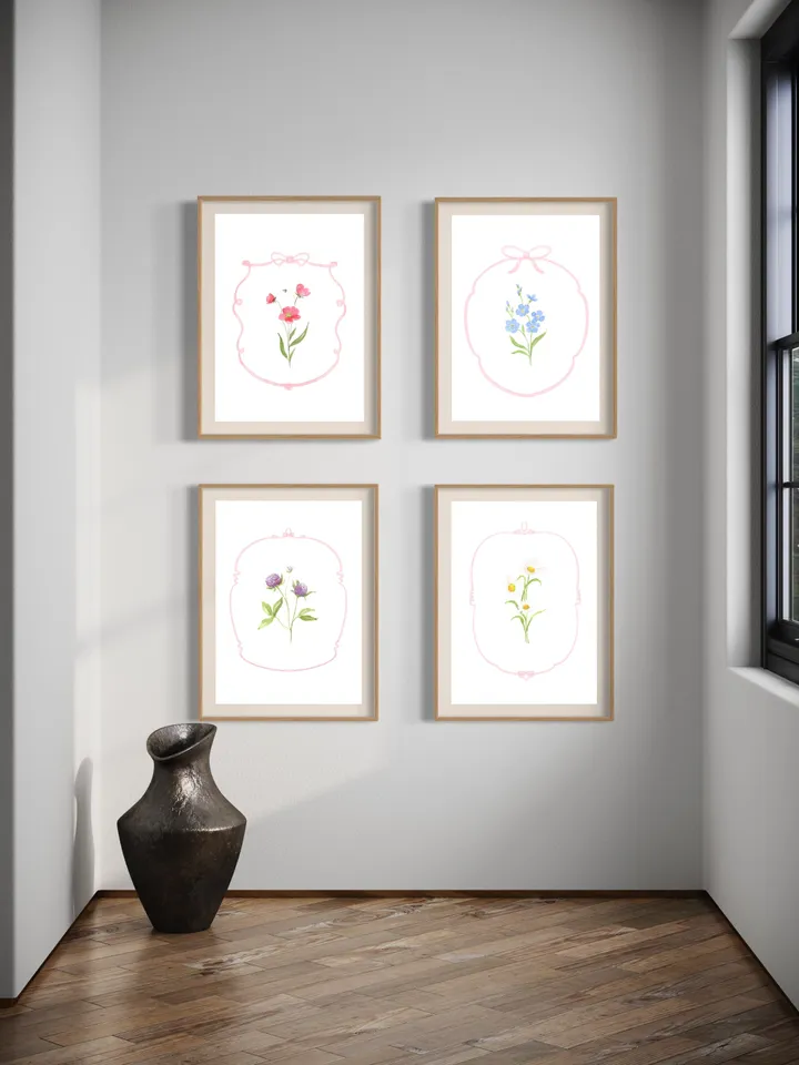 Set of 4 Pink Flowers Watercolor Painting, Vintage Botanical, Wildflower Wall Art, Colorful Floral, Blush Pink Floral, Trendy Artwork Print